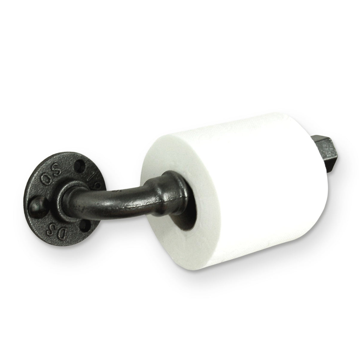 Suporte de papel higiénico em ferro fundido preto e aço, com rolo, vista de três quartos pela esquerda