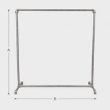 Esquema das dimensões do suporte para cabides industrial galvanizado: altura A, largura B, profundidade C