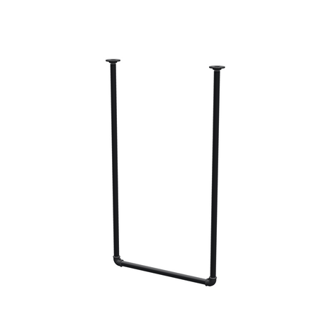 Varão de roupa suspenso do teto em tubo de aço pintado de preto mate Ø 27 mm — largura 56 cm, altura sob o teto 102 cm, vista de três quartos sobre fundo branco