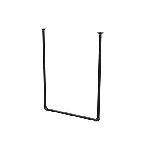 Varão de roupa suspenso do teto em tubo de aço pintado de preto mate Ø 27 mm — largura 76 cm, altura sob o teto 102 cm, vista de três quartos sobre fundo branco