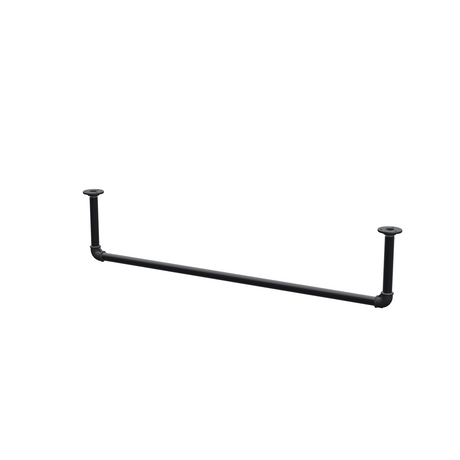 Varão de roupa suspenso do teto em tubo de aço pintado de preto mate Ø 27 mm — largura 106 cm, altura sob o teto 22 cm, vista de três quartos sobre fundo branco