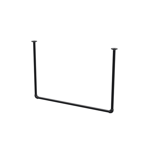 Varão de roupa suspenso do teto em tubo de aço pintado de preto mate Ø 27 mm — largura 106 cm, altura sob o teto 72 cm, vista de três quartos sobre fundo branco