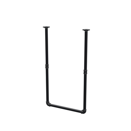Varão de roupa suspenso do teto em tubo de aço pintado de preto mate Ø 27 mm — largura 46 cm, altura sob o teto 83 cm, vista de três quartos sobre fundo branco