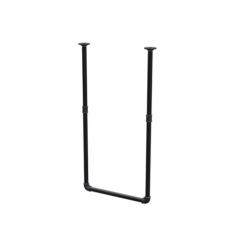 Varão de roupa suspenso do teto em tubo de aço pintado de preto mate Ø 27 mm — largura 46 cm, altura sob o teto 93 cm, vista de três quartos sobre fundo branco