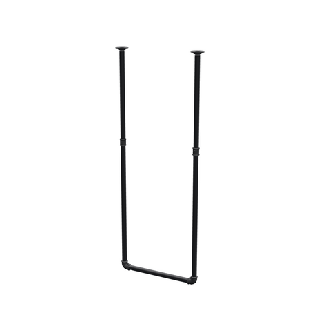 Varão de roupa suspenso do teto em tubo de aço pintado de preto mate Ø 27 mm — largura 46 cm, altura sob o teto 123 cm, vista de três quartos sobre fundo branco
