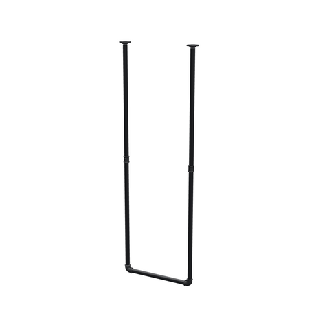 Varão de roupa suspenso do teto em tubo de aço pintado de preto mate Ø 27 mm — largura 46 cm, altura sob o teto 143 cm, vista de três quartos sobre fundo branco