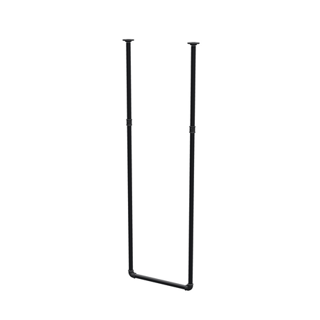 Varão de roupa suspenso do teto em tubo de aço pintado de preto mate Ø 27 mm — largura 46 cm, altura sob o teto 153 cm, vista de três quartos sobre fundo branco