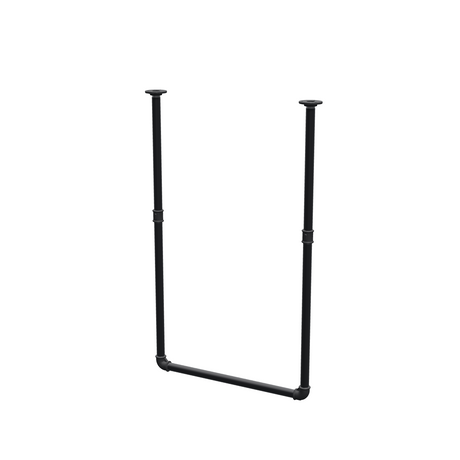 Varão de roupa suspenso do teto em tubo de aço pintado de preto mate Ø 27 mm — largura 56 cm, altura sob o teto 93 cm, vista de três quartos sobre fundo branco