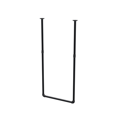 Varão de roupa suspenso do teto em tubo de aço pintado de preto mate Ø 27 mm — largura 56 cm, altura sob o teto 123 cm, vista de três quartos sobre fundo branco