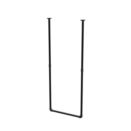 Varão de roupa suspenso do teto em tubo de aço pintado de preto mate Ø 27 mm — largura 56 cm, altura sob o teto 143 cm, vista de três quartos sobre fundo branco