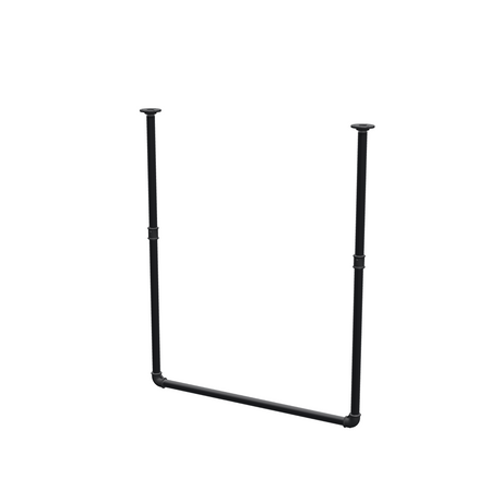 Varão de roupa suspenso do teto em tubo de aço pintado de preto mate Ø 27 mm — largura 76 cm, altura sob o teto 93 cm, vista de três quartos sobre fundo branco