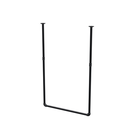 Varão de roupa suspenso do teto em tubo de aço pintado de preto mate Ø 27 mm — largura 76 cm, altura sob o teto 123 cm, vista de três quartos sobre fundo branco