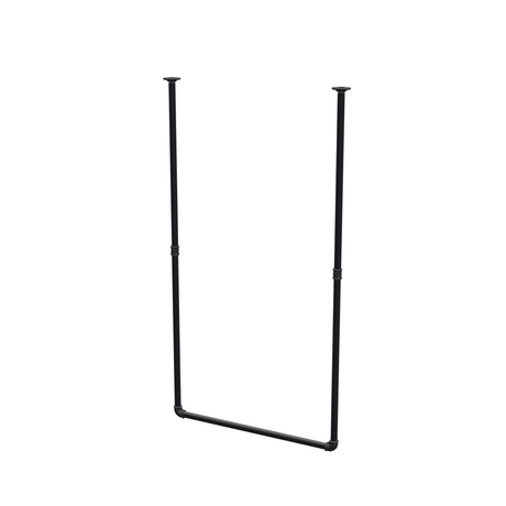 Varão de roupa suspenso do teto em tubo de aço pintado de preto mate Ø 27 mm — largura 76 cm, altura sob o teto 143 cm, vista de três quartos sobre fundo branco