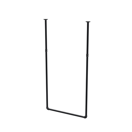 Varão de roupa suspenso do teto em tubo de aço pintado de preto mate Ø 27 mm — largura 76 cm, altura sob o teto 153 cm, vista de três quartos sobre fundo branco