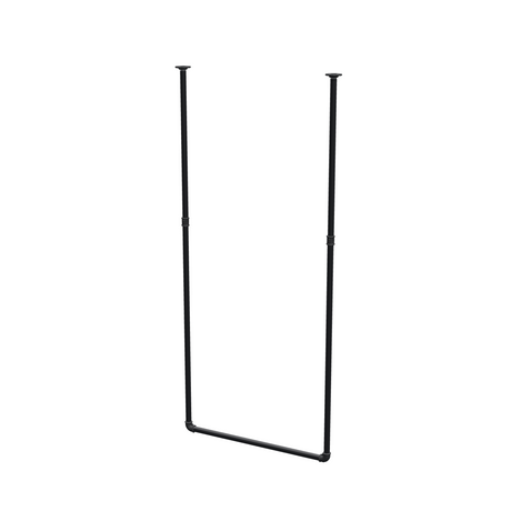 Varão de roupa suspenso do teto em tubo de aço pintado de preto mate Ø 27 mm — largura 76 cm, altura sob o teto 173 cm, vista de três quartos sobre fundo branco