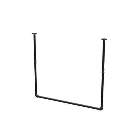 Varão de roupa suspenso do teto em tubo de aço pintado de preto mate Ø 27 mm — largura 106 cm, altura sob o teto 93 cm, vista de três quartos sobre fundo branco