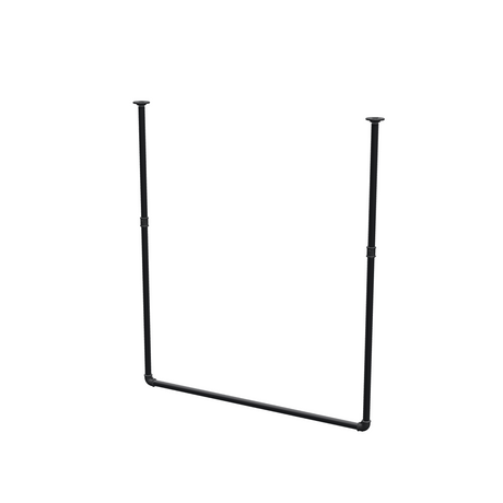 Varão de roupa suspenso do teto em tubo de aço pintado de preto mate Ø 27 mm — largura 106 cm, altura sob o teto 123 cm, vista de três quartos sobre fundo branco
