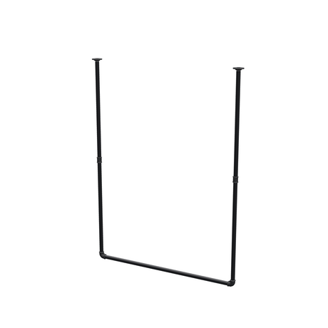 Varão de roupa suspenso do teto em tubo de aço pintado de preto mate Ø 27 mm — largura 106 cm, altura sob o teto 143 cm, vista de três quartos sobre fundo branco
