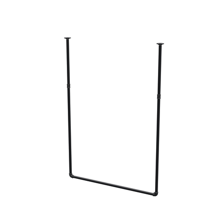 Varão de roupa suspenso do teto em tubo de aço pintado de preto mate Ø 27 mm — largura 106 cm, altura sob o teto 153 cm, vista de três quartos sobre fundo branco