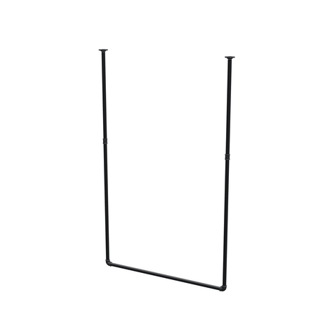 Varão de roupa suspenso do teto em tubo de aço pintado de preto mate Ø 27 mm — largura 106 cm, altura sob o teto 173 cm, vista de três quartos sobre fundo branco