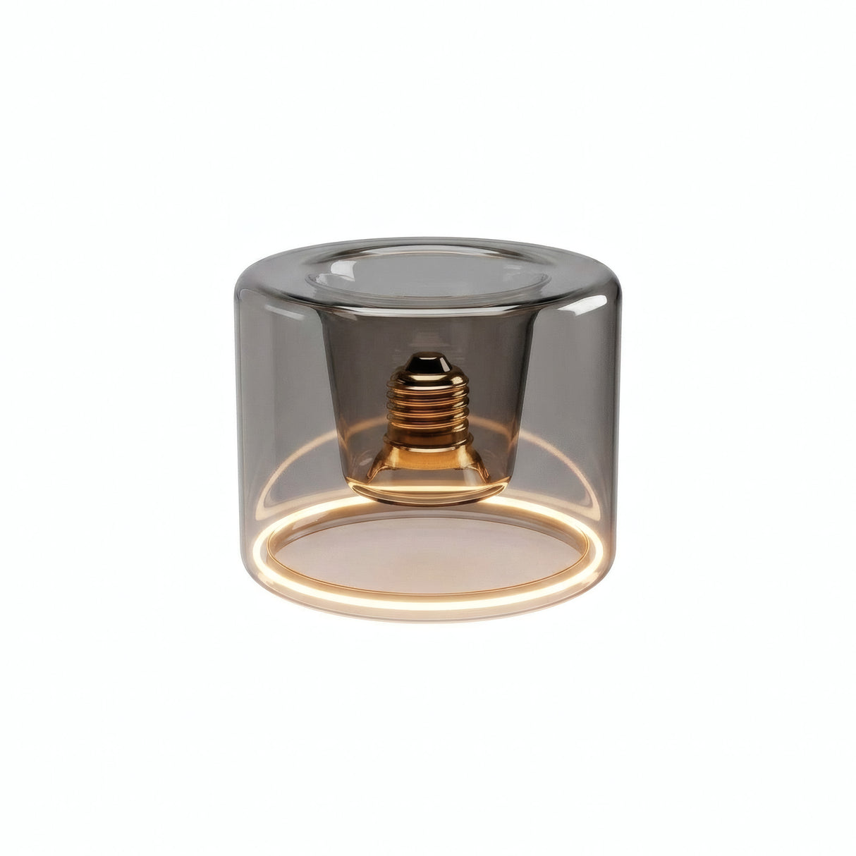 Lâmpada LED donut E27 em vidro fumado, Ø 120 mm, acesa, anel de luz quente, fundo branco
