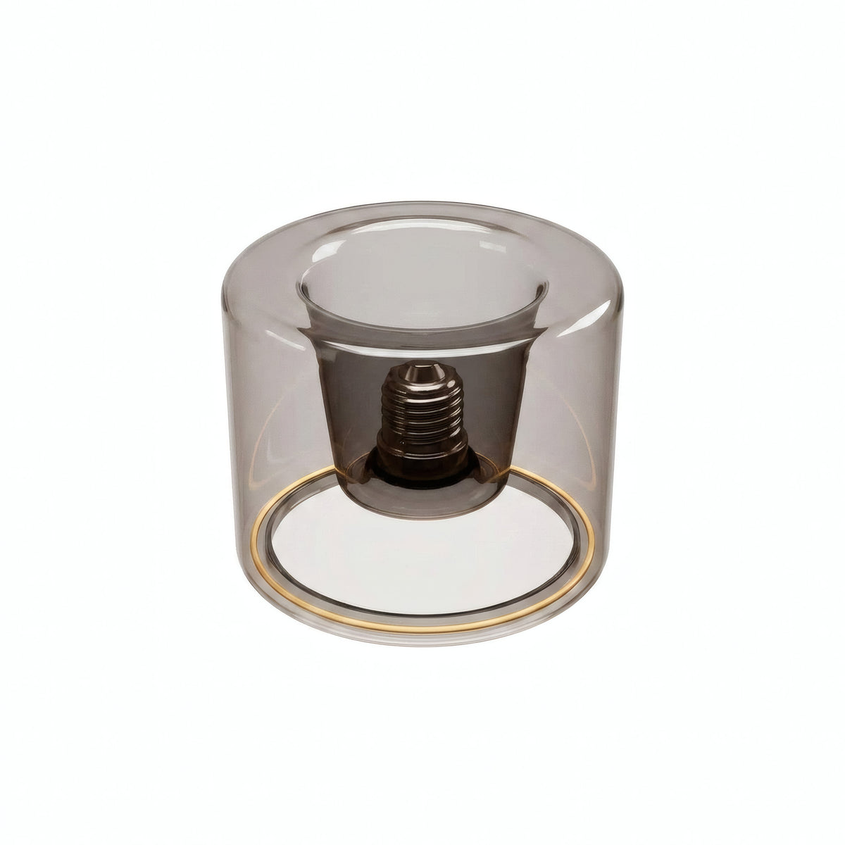Lâmpada LED donut E27 em vidro fumado, Ø 120 mm, apagada, casquilho E27 embutido visível, fundo branco