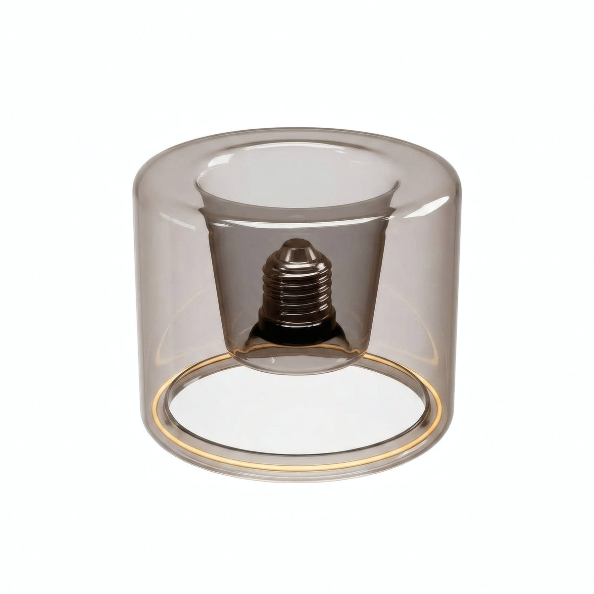 Lâmpada LED donut E27 em vidro fumado, Ø 120 mm, vista ligeiramente de cima, fundo branco