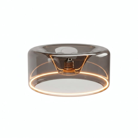 Lâmpada LED donut E27 em vidro fumado, Ø 195 mm, acesa, anel de luz quente, fundo branco