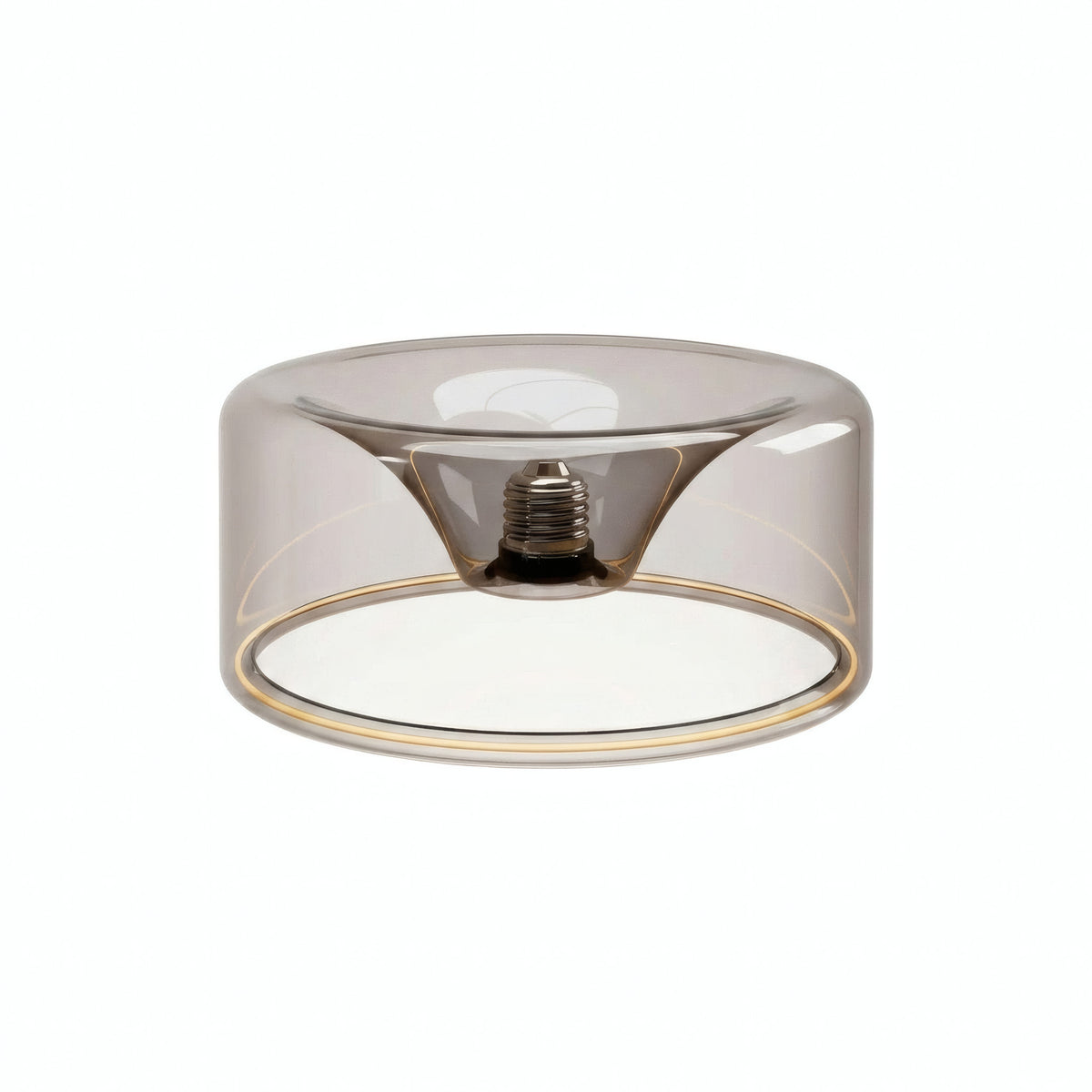 Lâmpada LED donut E27 em vidro fumado, Ø 195 mm, apagada, casquilho E27 embutido visível, fundo branco