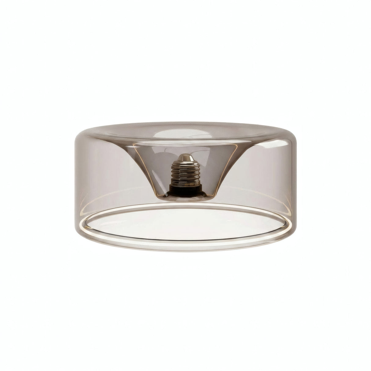 Lâmpada LED donut E27 em vidro fumado, Ø 195 mm, vista de três quartos, fundo branco