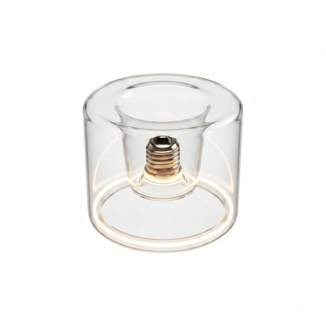Lâmpada LED donut E27 em vidro transparente, Ø 120 mm, acesa, anel de luz quente, fundo branco