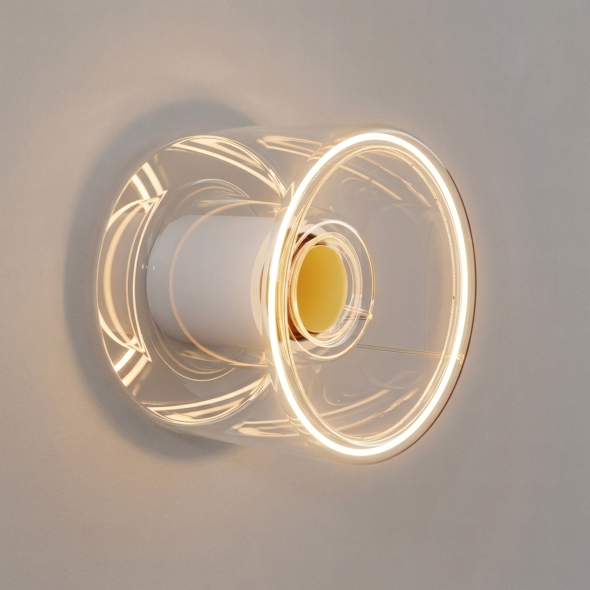 Lâmpada LED donut E27 em vidro transparente, Ø 120 mm, acesa como aplique de parede num ambiente minimalista