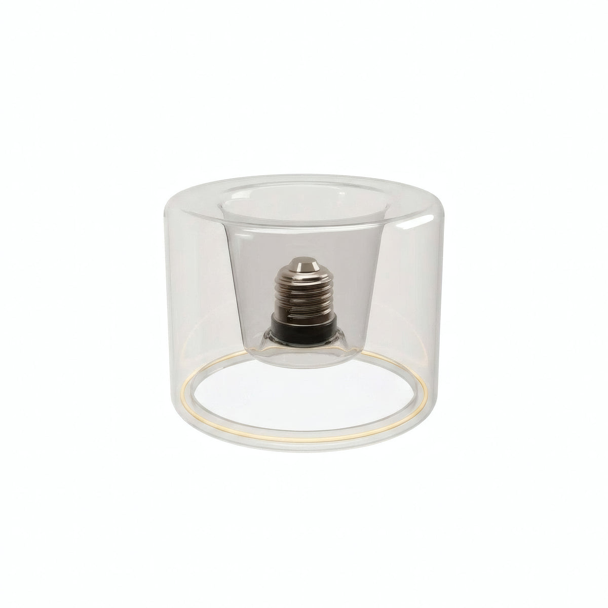Lâmpada LED donut E27 em vidro transparente, Ø 120 mm, apagada, casquilho E27 embutido visível, fundo branco