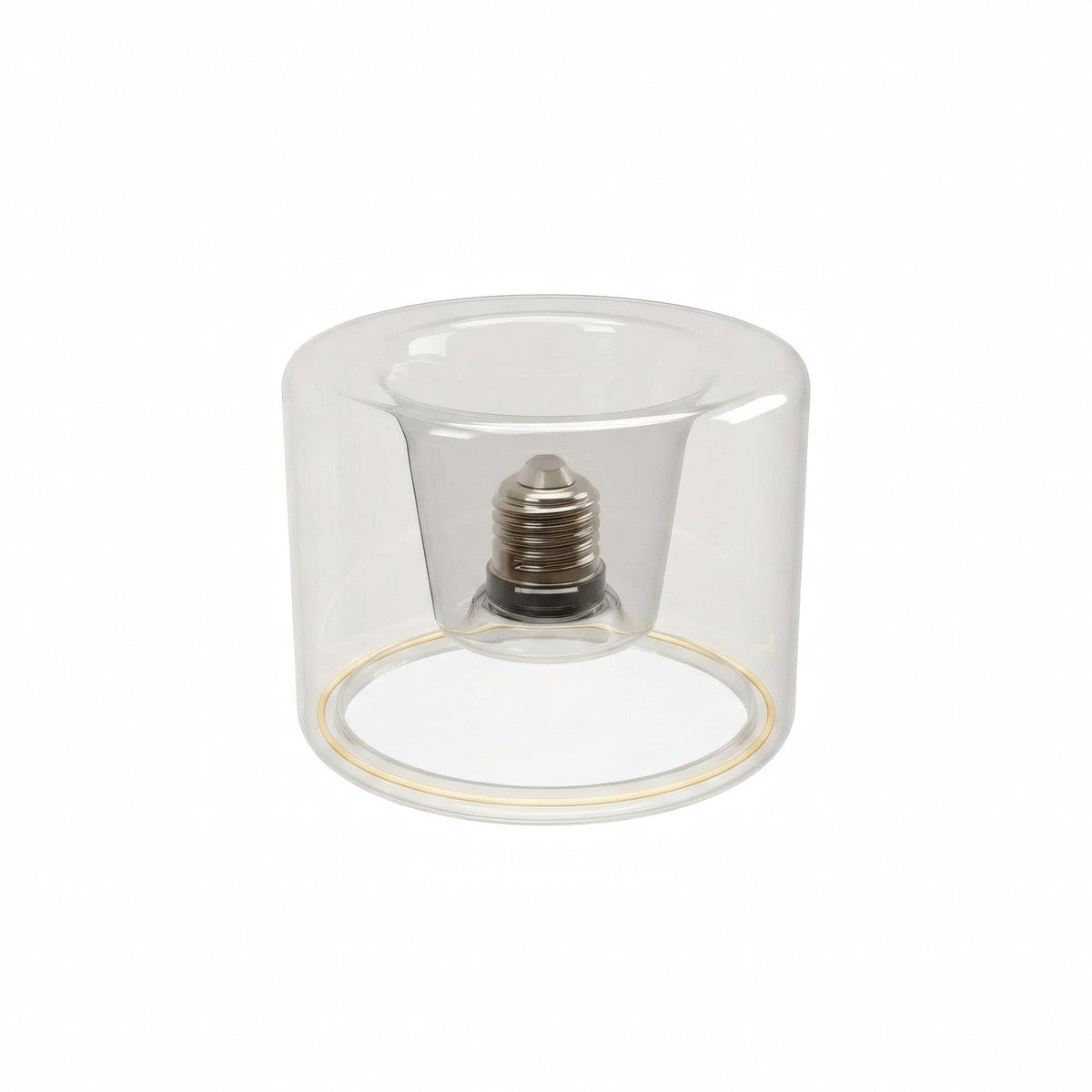 Lâmpada LED donut E27 em vidro transparente, Ø 120 mm, vista de três quartos, fundo branco