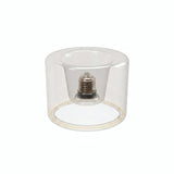 Lâmpada LED donut E27 em vidro transparente, Ø 120 mm, vista de três quartos, fundo branco