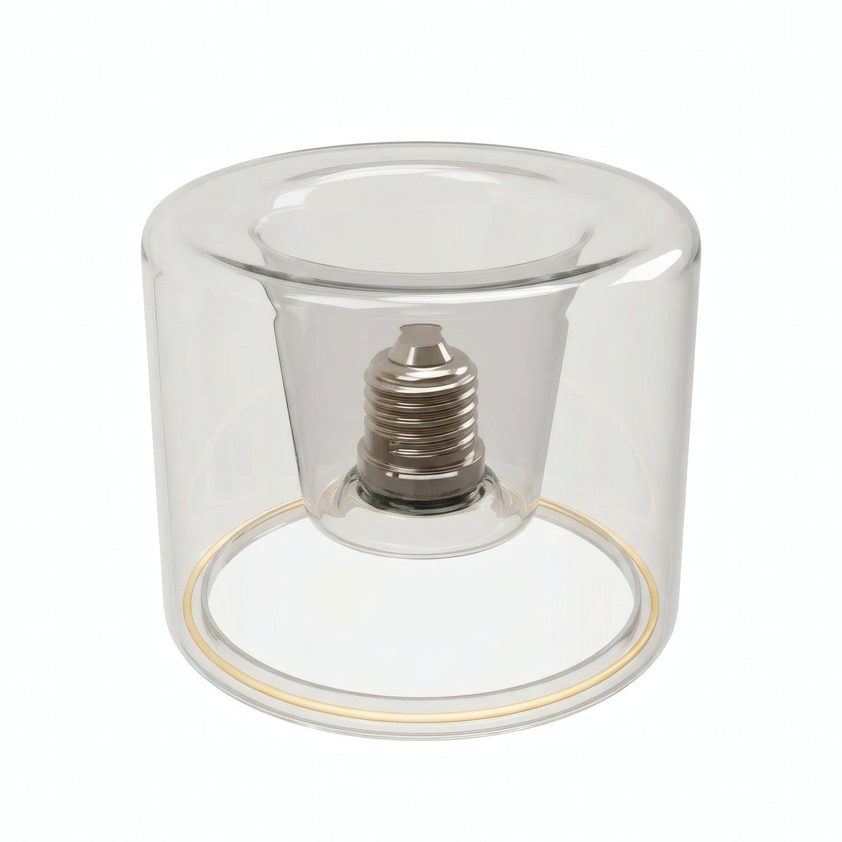 Lâmpada LED donut E27 em vidro transparente, Ø 120 mm, vista ligeiramente de cima, fundo branco
