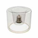 Lâmpada LED donut E27 em vidro transparente, Ø 120 mm, vista ligeiramente de cima, fundo branco
