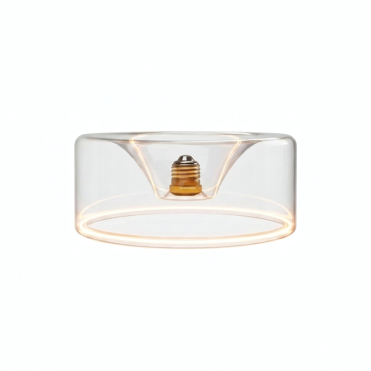 Lâmpada LED donut E27 em vidro transparente, Ø 195 mm, acesa, anel de luz quente, fundo branco