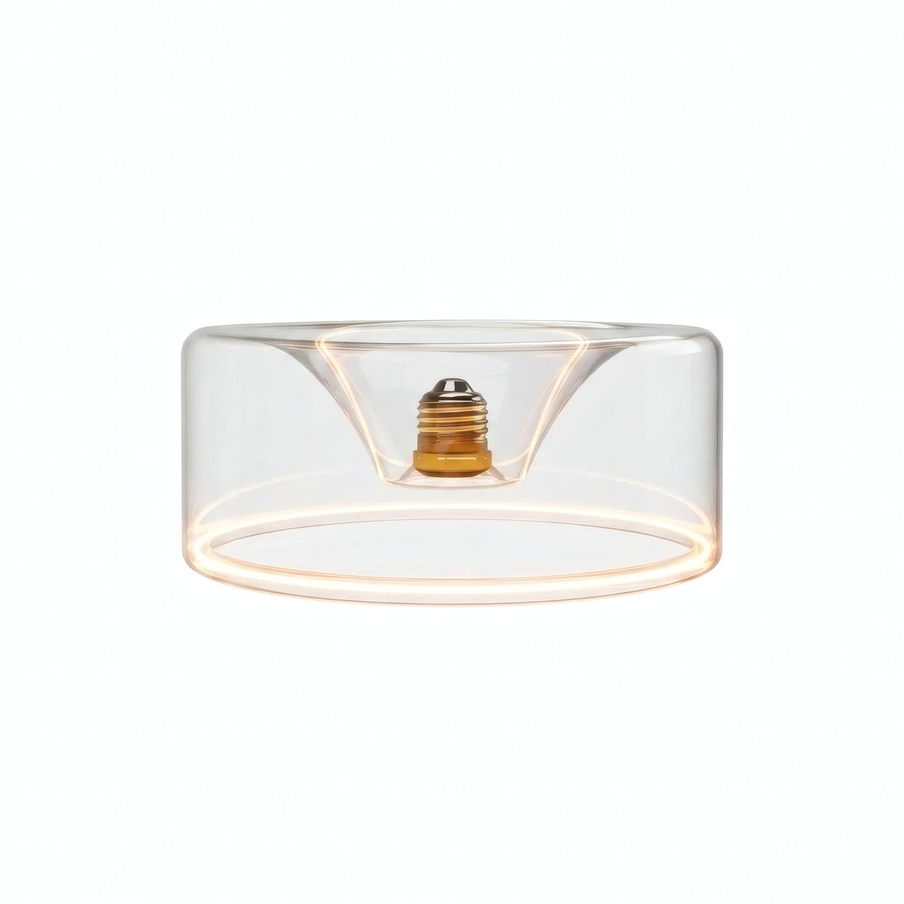 Lâmpada LED donut E27 em vidro transparente, Ø 195 mm, acesa, anel de luz quente, fundo branco