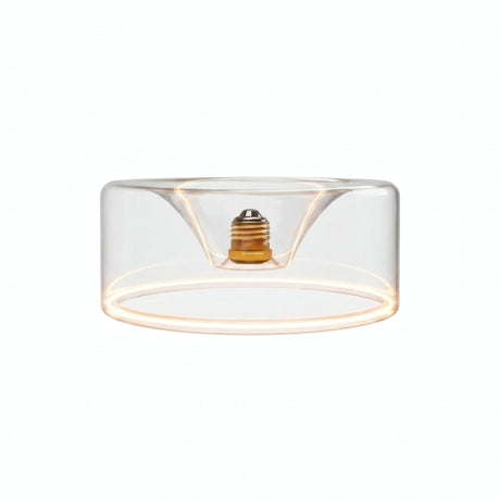 Lâmpada LED donut E27 em vidro transparente, Ø 195 mm, acesa, anel de luz quente, fundo branco