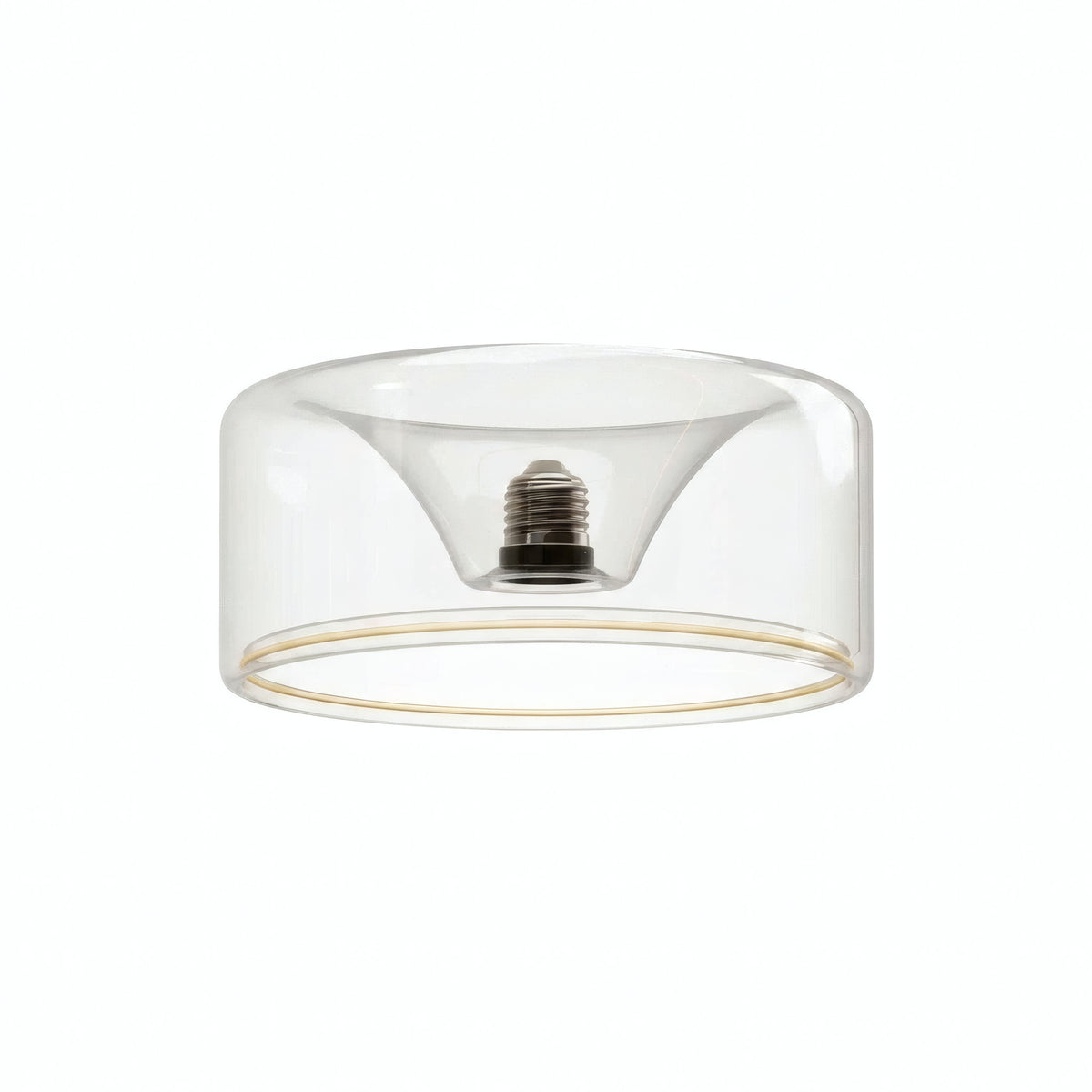Lâmpada LED donut E27 em vidro transparente, Ø 195 mm, vista de três quartos, fundo branco