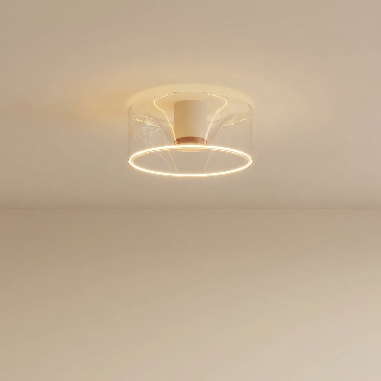 Lâmpada LED donut E27 em vidro transparente, Ø 195 mm, no teto, com luz quente difusa