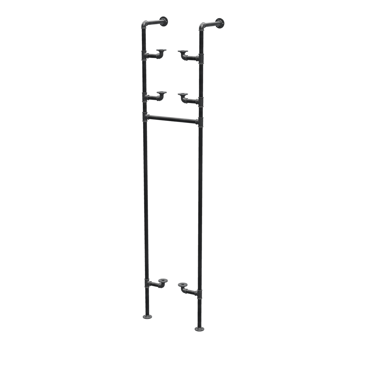 Étagère-penderie murale en tuyaux de plomberie noirs Ø 27 mm — largeur 40 cm, 3 tablettes, vue de trois quarts sur fond blanc
