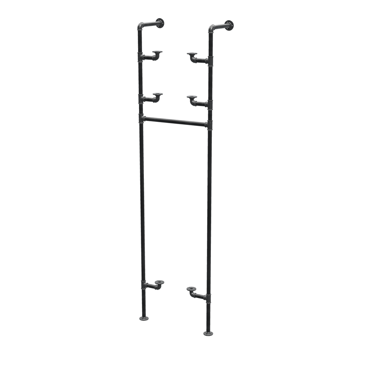 Étagère-penderie murale en tuyaux de plomberie noirs Ø 27 mm — largeur 50 cm, 3 tablettes, vue de trois quarts sur fond blanc