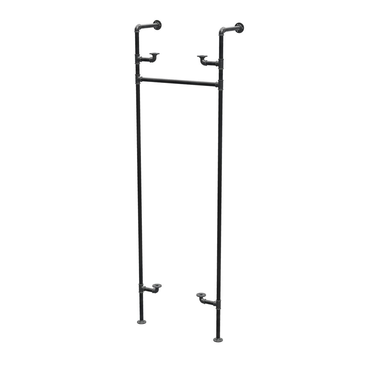 Étagère-penderie murale en tuyaux de plomberie noirs Ø 27 mm — largeur 60 cm, 2 tablettes, vue de trois quarts sur fond blanc