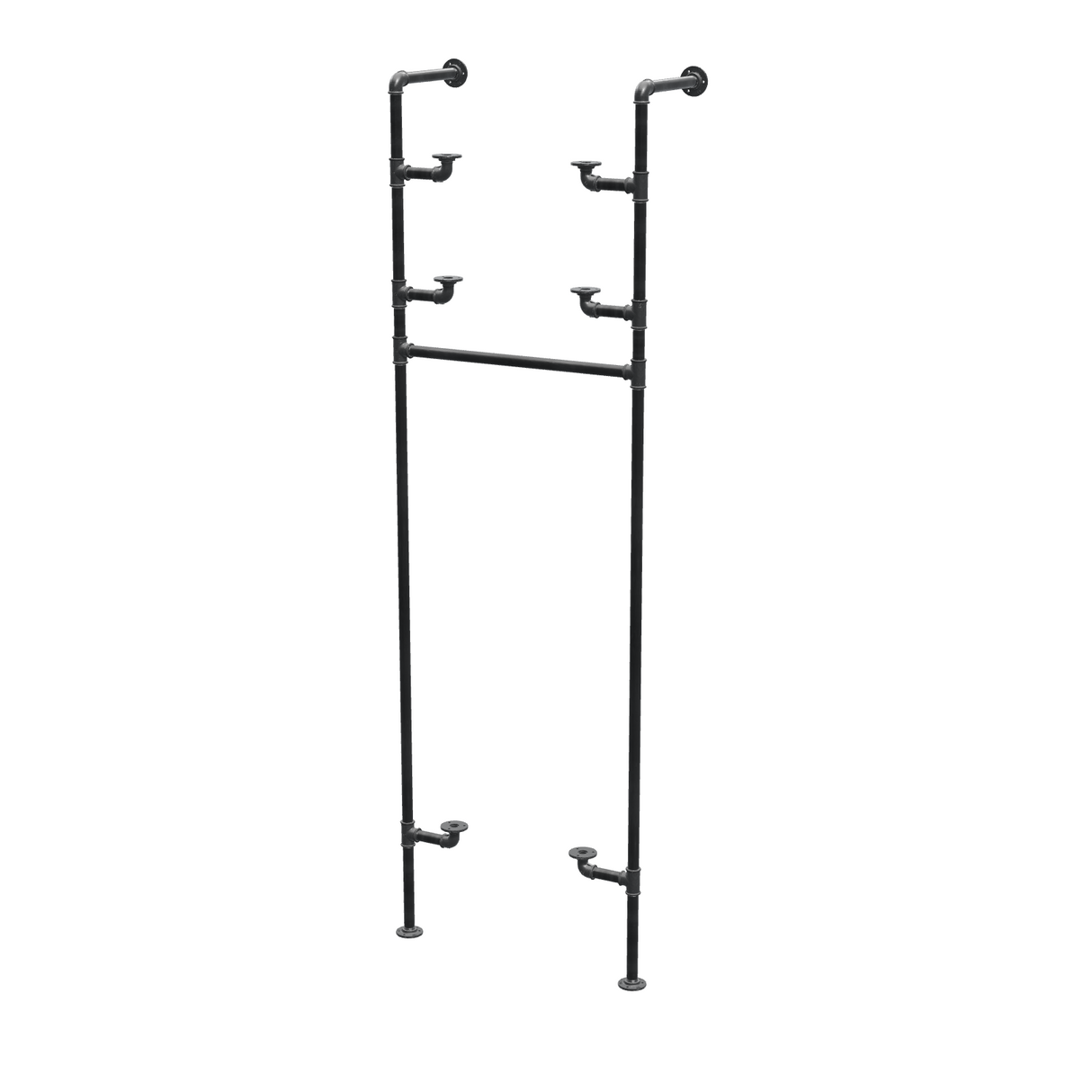 Étagère-penderie murale en tuyaux de plomberie noirs Ø 27 mm — largeur 60 cm, 3 tablettes, vue de trois quarts sur fond blanc