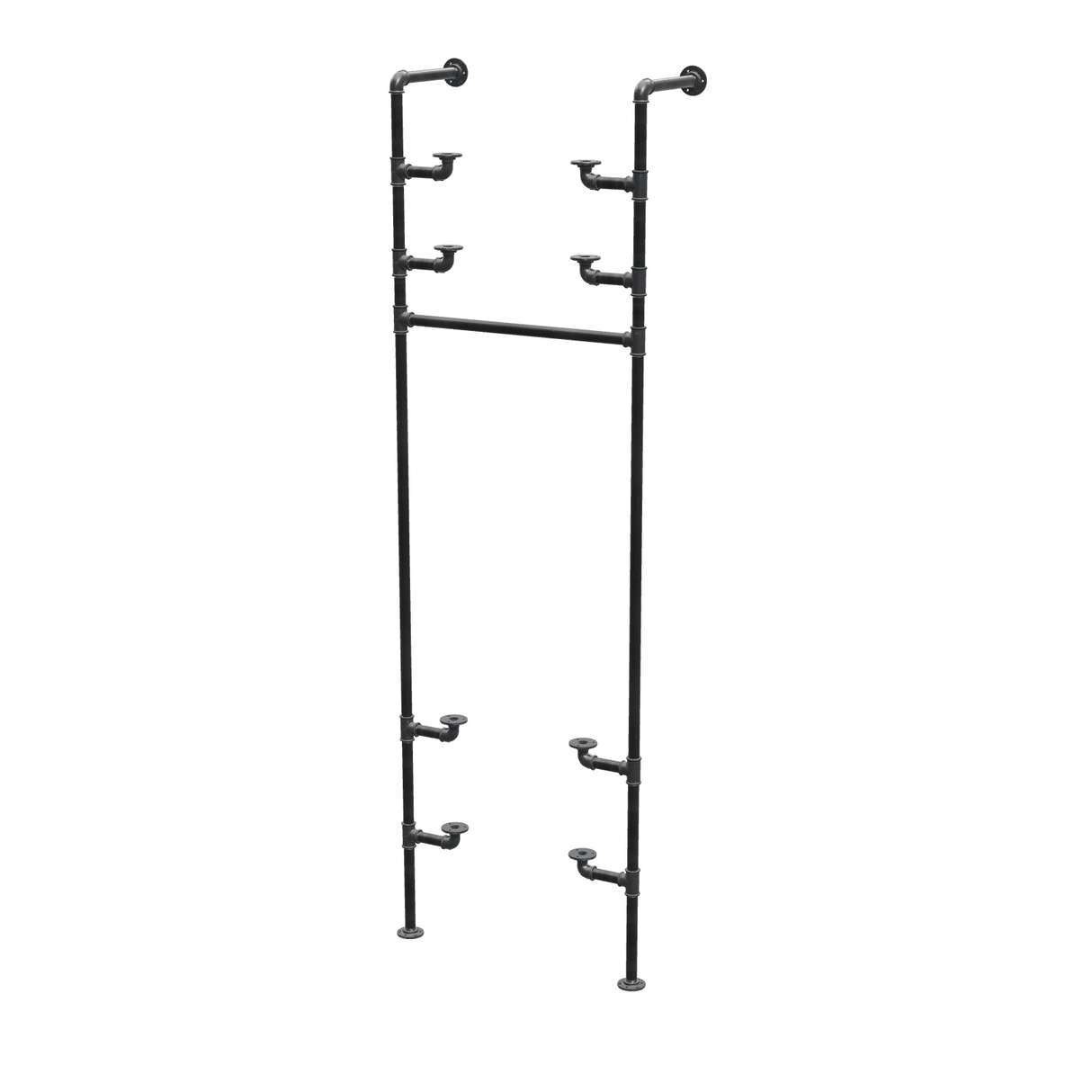 Étagère-penderie murale en tuyaux de plomberie noirs Ø 27 mm — largeur 60 cm, 4 tablettes, vue de trois quarts sur fond blanc