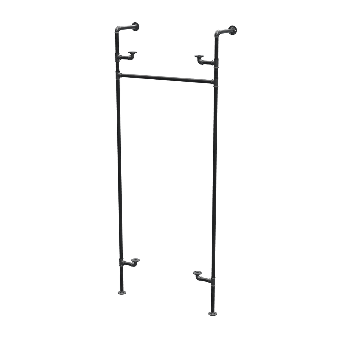 Étagère-penderie murale en tuyaux de plomberie noirs Ø 27 mm — largeur 80 cm, 2 tablettes, vue de trois quarts sur fond blanc
