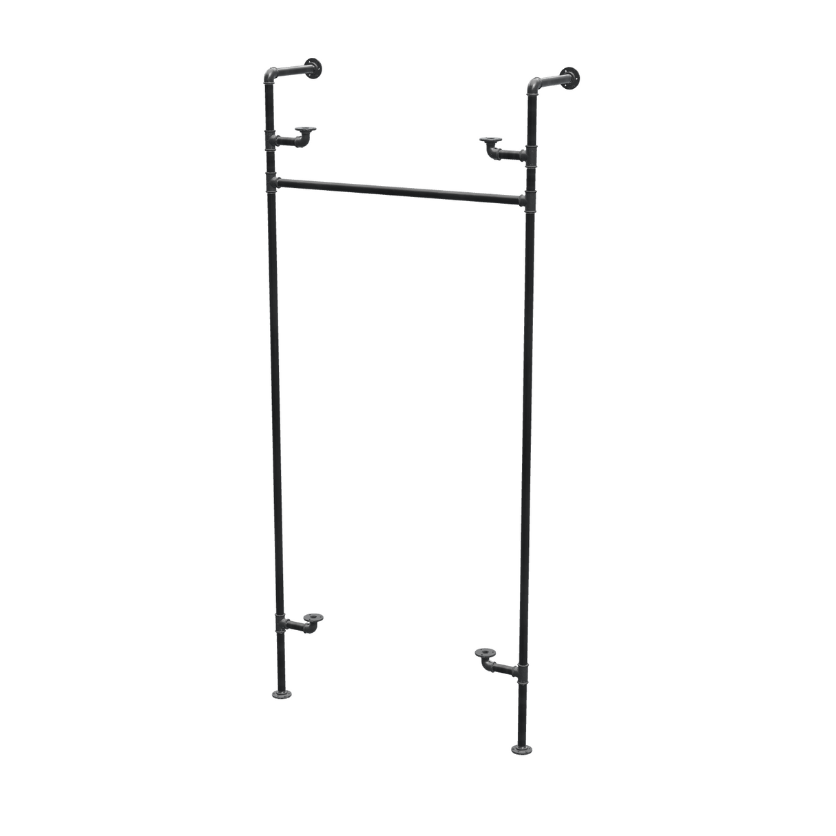 Étagère-penderie murale en tuyaux de plomberie noirs Ø 27 mm — largeur 90 cm, 2 tablettes, vue de trois quarts sur fond blanc
