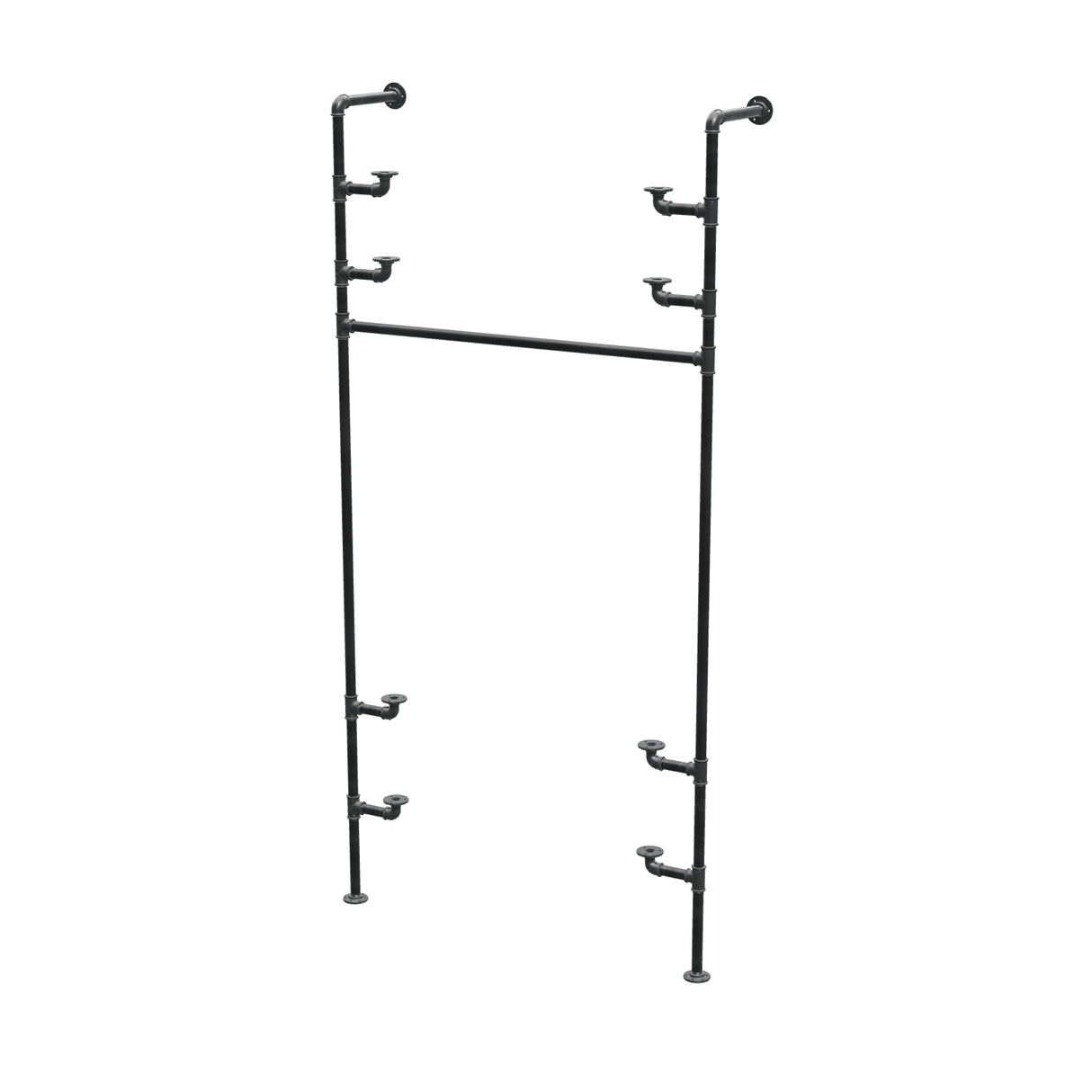 Étagère-penderie murale en tuyaux de plomberie noirs Ø 27 mm — largeur 100 cm, 4 tablettes, vue de trois quarts sur fond blanc